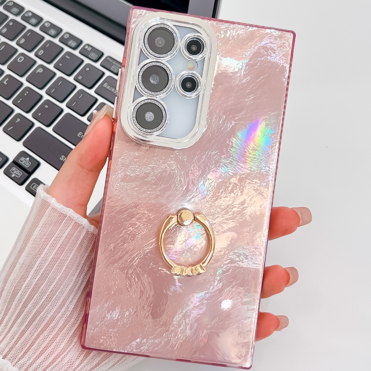 

For Samsung Galaxy S23 Ultra 5G Plating Glitter Texture Ring Holder TPU Phone Case with Lens Film(Pink Tinfoil Texture)