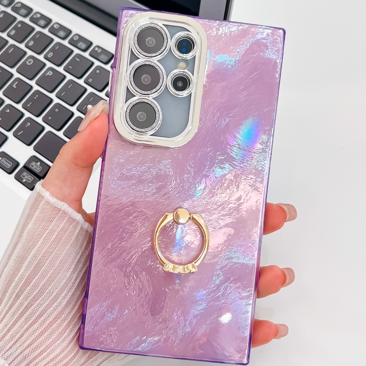 

For Samsung Galaxy S23 Ultra 5G Plating Glitter Texture Ring Holder TPU Phone Case with Lens Film(Purple Tinfoil Texture)