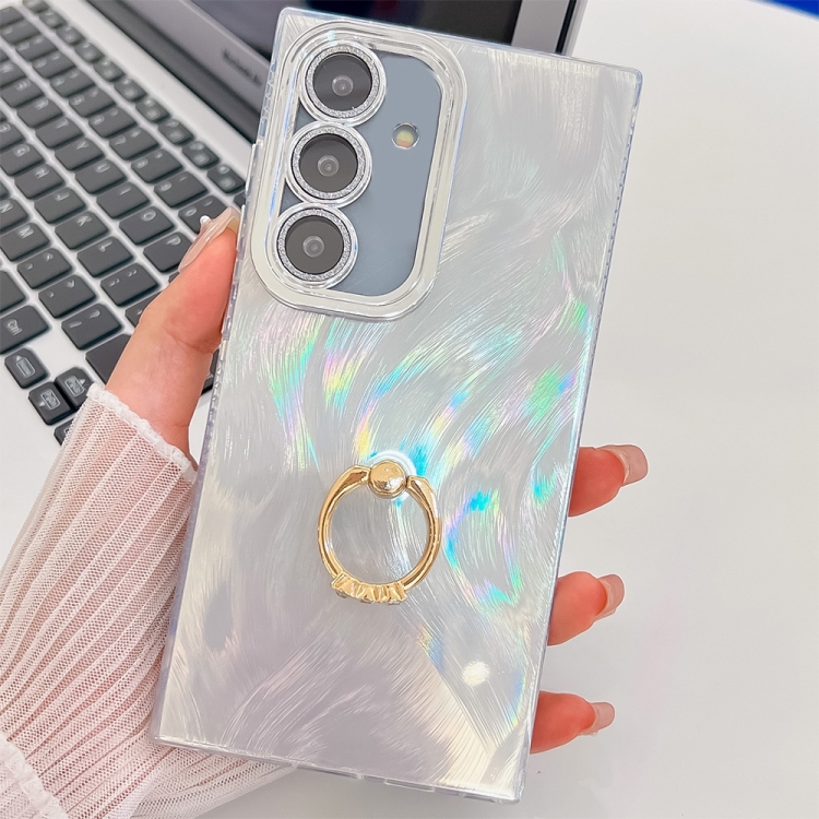 

For Samsung Galaxy S25 5G Plating Glitter Texture Ring Holder TPU Phone Case with Lens Film(White Feather Yarn)