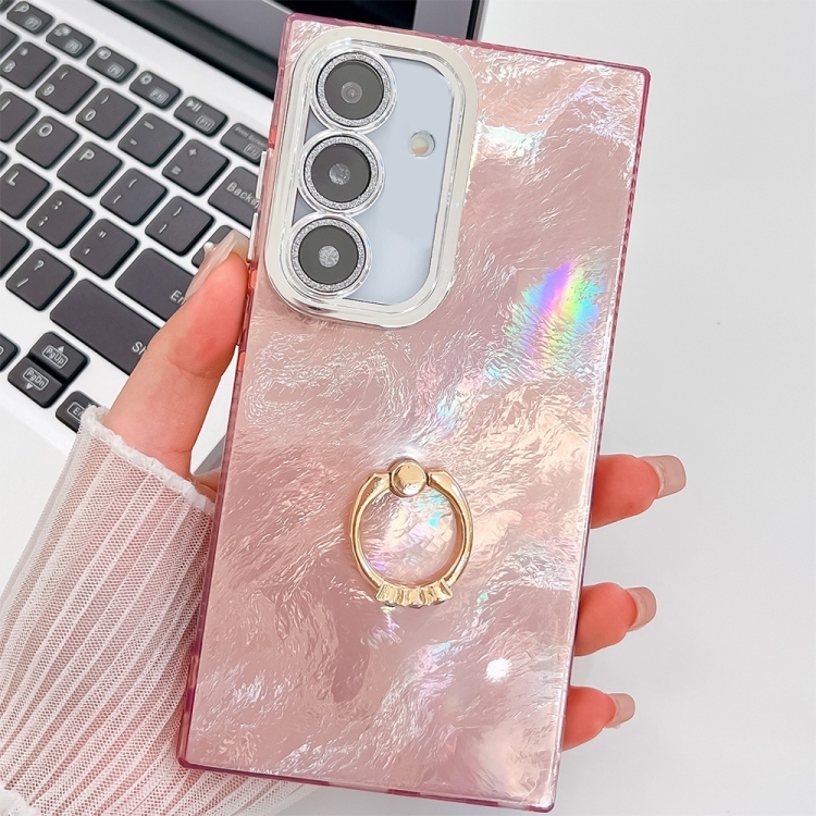 

For Samsung Galaxy S25 5G Plating Glitter Texture Ring Holder TPU Phone Case with Lens Film(Pink Tinfoil Texture)