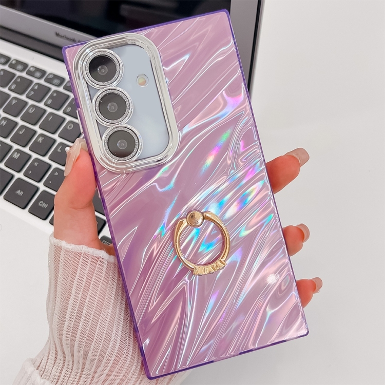 

For Samsung Galaxy S25+ 5G Plating Glitter Texture Ring Holder TPU Phone Case with Lens Film(Purple Water Ripples)