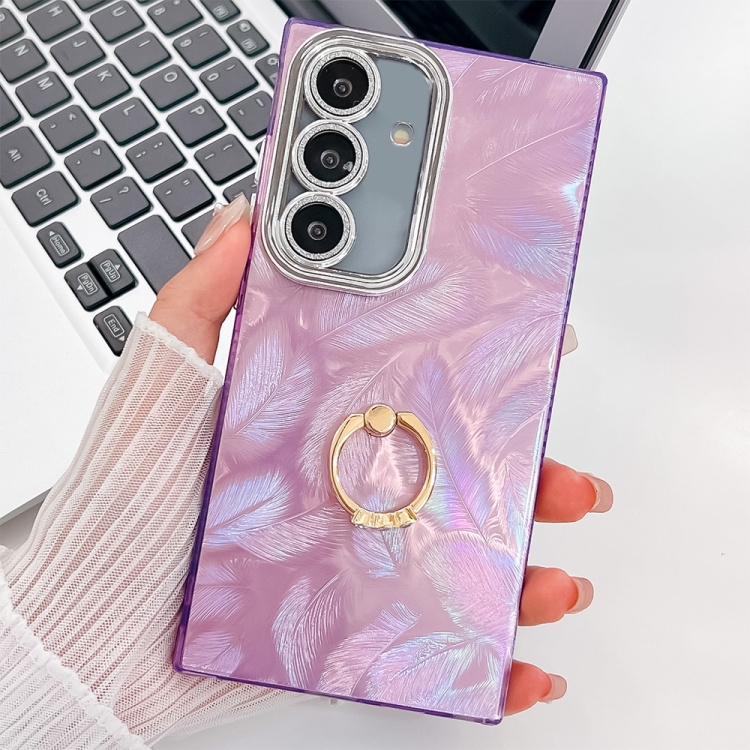 

For Samsung Galaxy S25+ 5G Plating Glitter Texture Ring Holder TPU Phone Case with Lens Film(Purple Feathers)