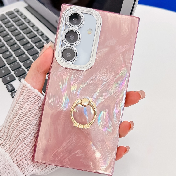 

For Samsung Galaxy S25+ 5G Plating Glitter Texture Ring Holder TPU Phone Case with Lens Film(Pink Feather Yarn)