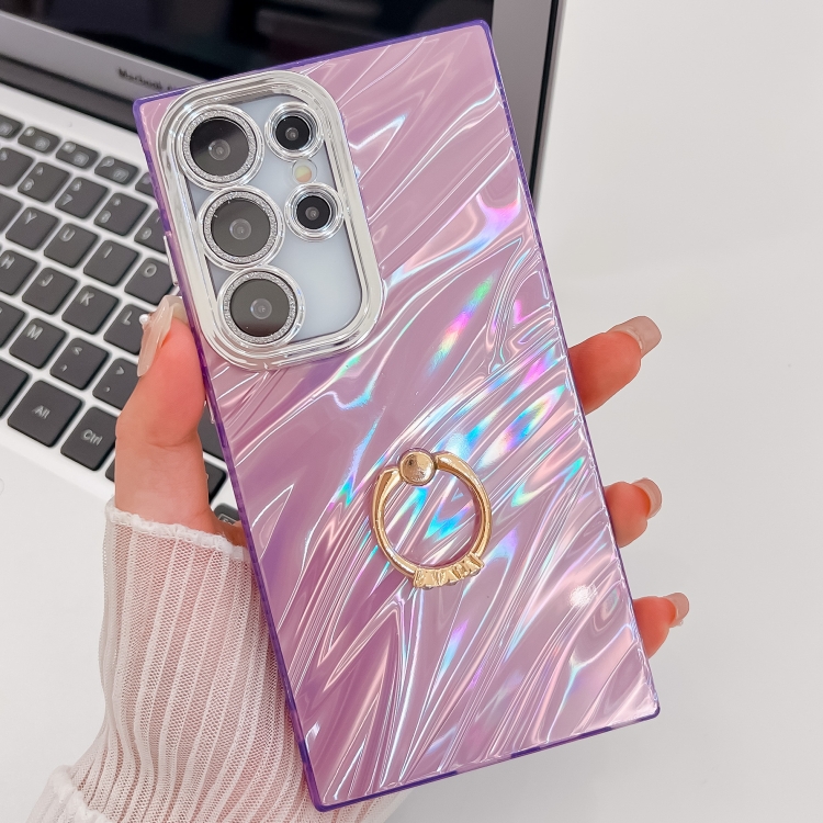 

For Samsung Galaxy S25 Ultra 5G Plating Glitter Texture Ring Holder TPU Phone Case with Lens Film(Purple Water Ripples)