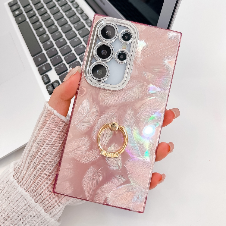 

For Samsung Galaxy S25 Ultra 5G Plating Glitter Texture Ring Holder TPU Phone Case with Lens Film(Pink Feathers)