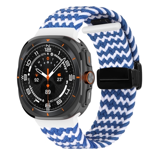 

For Samsung Galaxy Watch Ultra 47mm Fold Magnetic Buckle Braided Watch Band(Wavy Pattern Blue White)