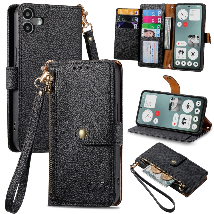

For Nothing CMF Phone 1 Love Zipper Lanyard Leather Phone Case(Black)