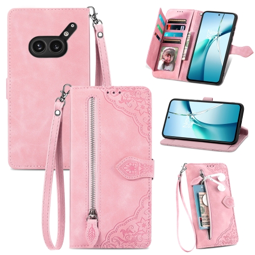 

For Nothing Phone 2a Plus Embossed Flower Zipper Leather Phone Case(Pink)