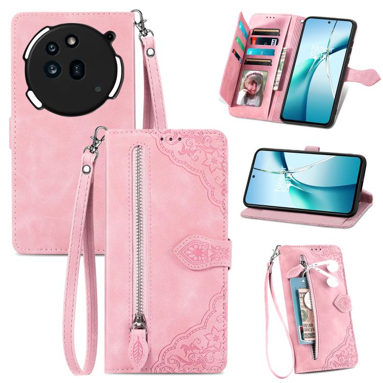 

For Nothing Phone 3a Embossed Flower Zipper Leather Phone Case(Pink)
