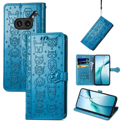 

For Nothing Phone 2a Plus Cat and Dog Embossed Leather Phone Case(Blue)