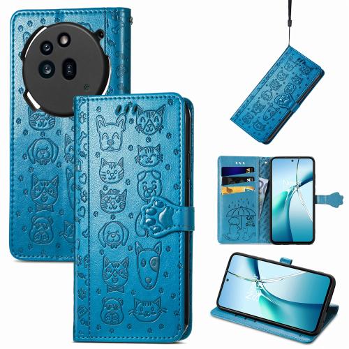 

For Nothing Phone 3a Cat and Dog Embossed Leather Phone Case(Blue)