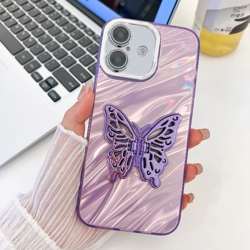 

For iPhone 16 Plus Plating Glitter Texture Butterfly Holder TPU Phone Case with Lens Film(Purple Water Ripples)