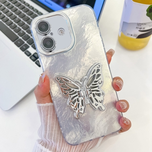 

For iPhone 16 Plating Glitter Texture Butterfly Holder TPU Phone Case with Lens Film(White Tinfoil Texture)