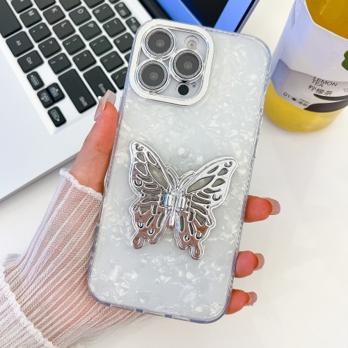 

For iPhone 15 Pro Max Plating Glitter Texture Butterfly Holder TPU Phone Case with Lens Film(White Shell Grain)