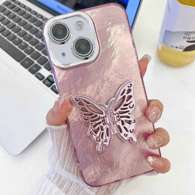 

For iPhone 14 Plating Glitter Texture Butterfly Holder TPU Phone Case with Lens Film(Pink Tinfoil Texture)