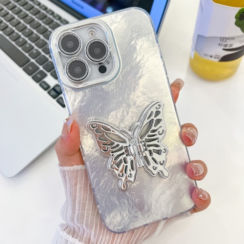 

For iPhone 14 Pro Plating Glitter Texture Butterfly Holder TPU Phone Case with Lens Film(White Tinfoil Texture)