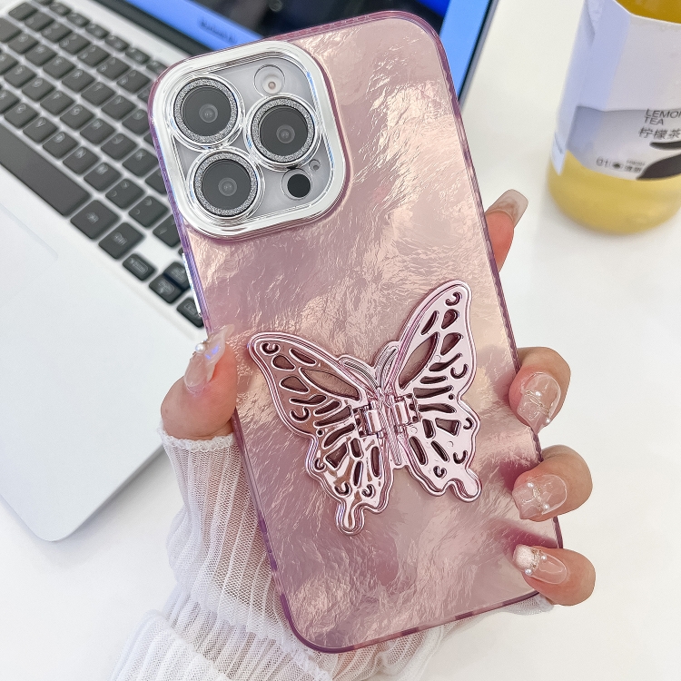 

For iPhone 14 Pro Max Plating Glitter Texture Butterfly Holder TPU Phone Case with Lens Film(Pink Tinfoil Texture)