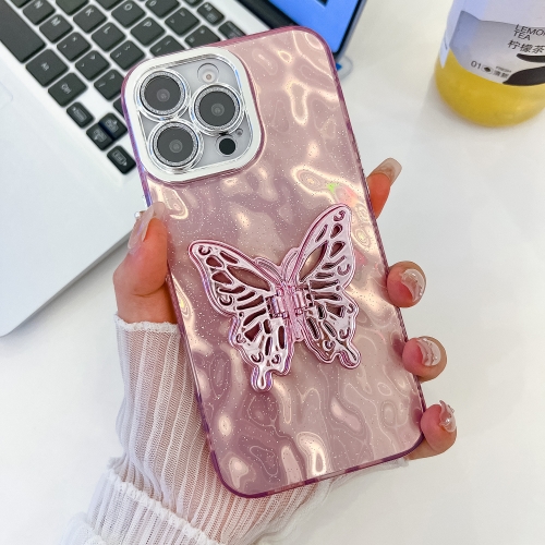 

For iPhone 13 Pro Max Plating Glitter Texture Butterfly Holder TPU Phone Case with Lens Film(Pink Wrinkles)