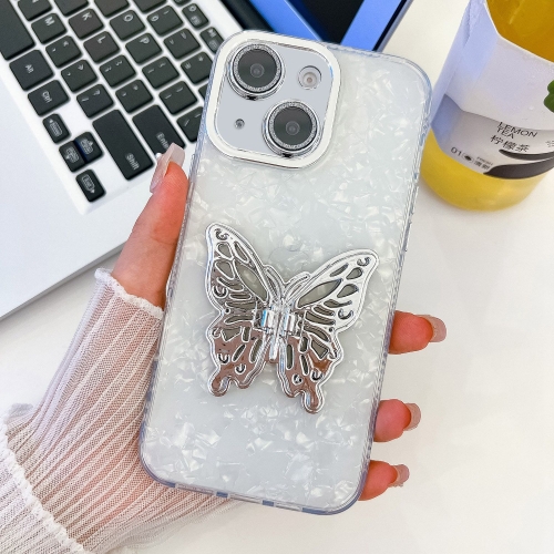 

For iPhone 13 Plating Glitter Texture Butterfly Holder TPU Phone Case with Lens Film(White Shell Grain)