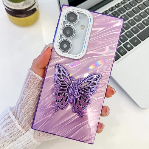 

For Samsung Galaxy S24 FE 5G Plating Glitter Texture Butterfly Holder TPU Phone Case with Lens Film(Purple Water Ripples)