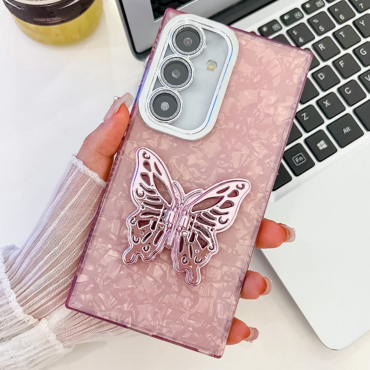 

For Samsung Galaxy S24+ 5G Plating Glitter Texture Butterfly Holder TPU Phone Case with Lens Film(Pink Shell Pattern)