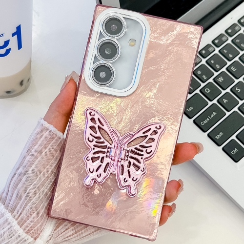 For Samsung Galaxy S24+ 5G Plating Glitter Texture Butterfly Holder TPU Phone Case with Lens Film(Pink Tinfoil Texture)