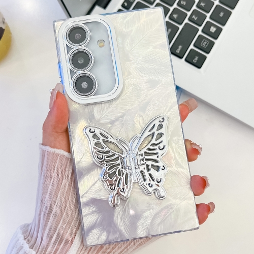 

For Samsung Galaxy S24 5G Plating Glitter Texture Butterfly Holder TPU Phone Case with Lens Film(White Feathers)