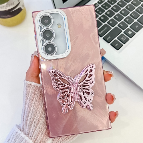 

For Samsung Galaxy S24 5G Plating Glitter Texture Butterfly Holder TPU Phone Case with Lens Film(Pink Feather Yarn)