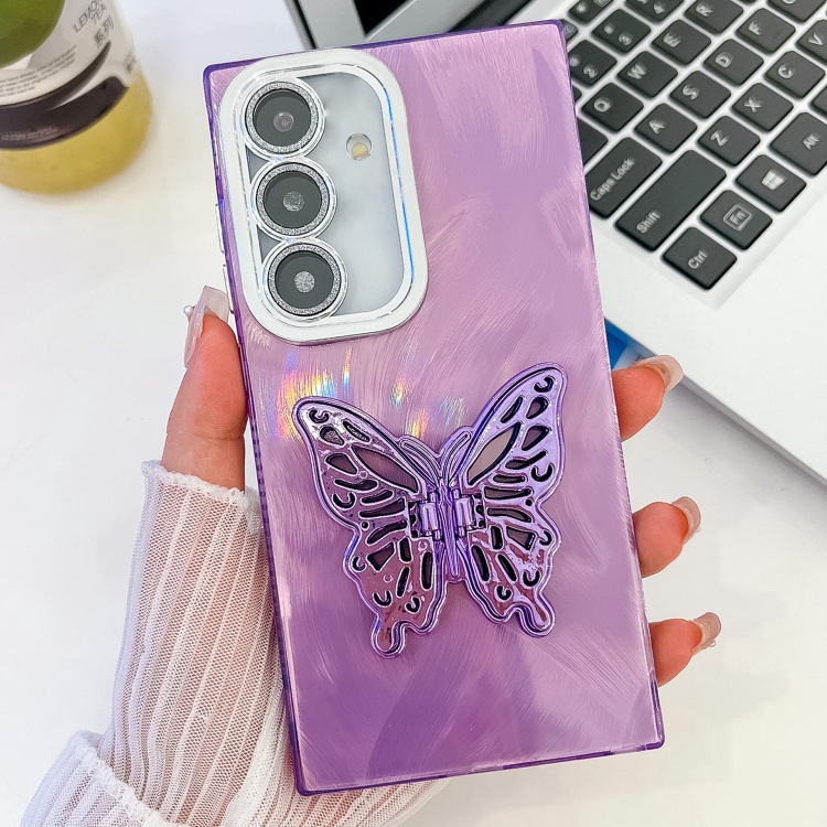

For Samsung Galaxy S24 5G Plating Glitter Texture Butterfly Holder TPU Phone Case with Lens Film(Purple Feather Yarn)