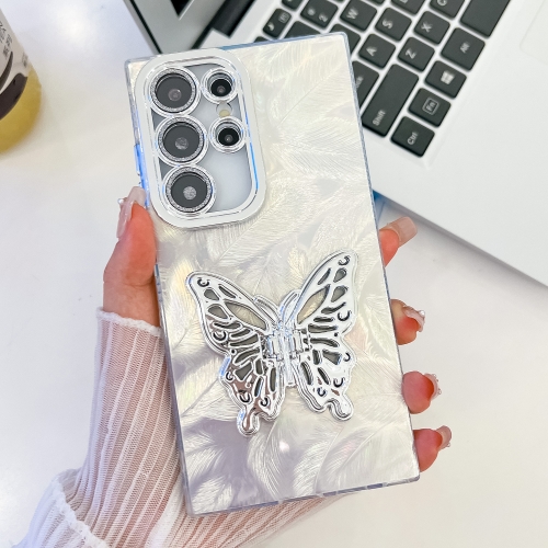 

For Samsung Galaxy S23 Ultra 5G Plating Glitter Texture Butterfly Holder TPU Phone Case with Lens Film(White Feathers)