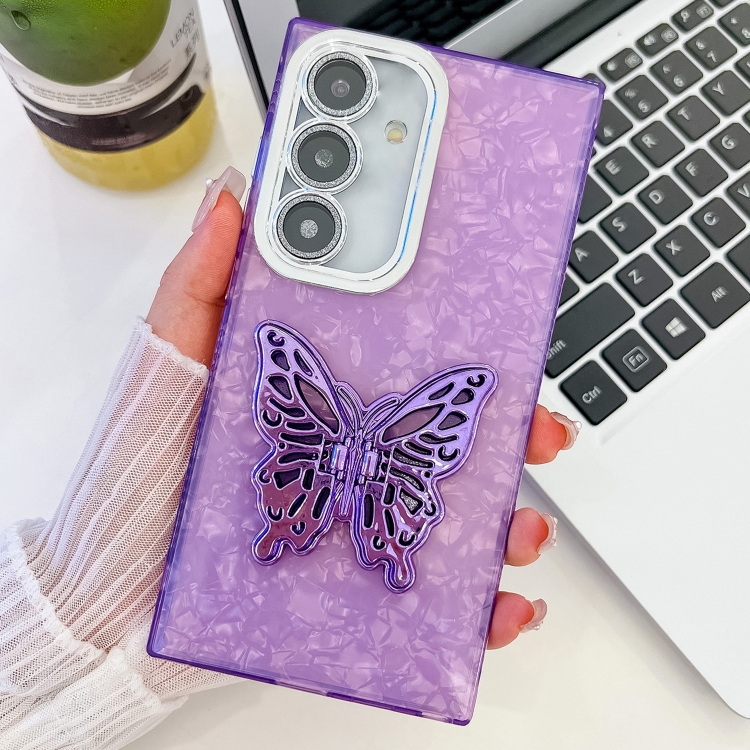 

For Samsung Galaxy S25 5G Plating Glitter Texture Butterfly Holder TPU Phone Case with Lens Film(Purple Shell Pattern)