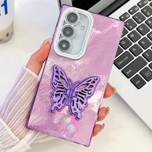 For Samsung Galaxy S25 5G Plating Glitter Texture Butterfly Holder TPU Phone Case with Lens Film(Purple Tinfoil Texture)