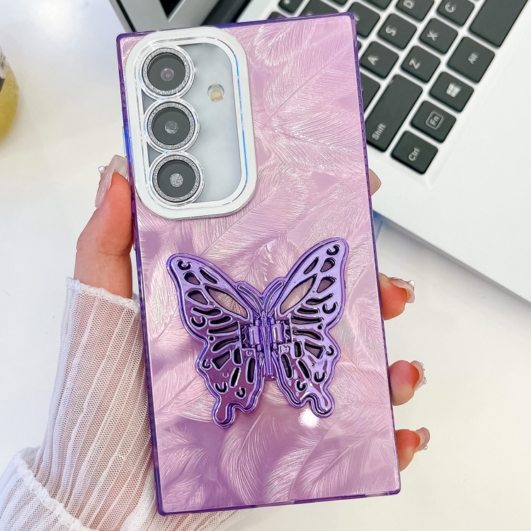

For Samsung Galaxy S25+ 5G Plating Glitter Texture Butterfly Holder TPU Phone Case with Lens Film(Purple Feathers)
