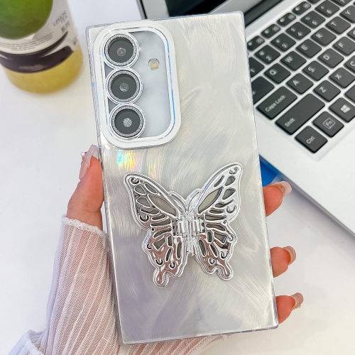 For Samsung Galaxy S25+ 5G Plating Glitter Texture Butterfly Holder TPU Phone Case with Lens Film(White Feather Yarn)