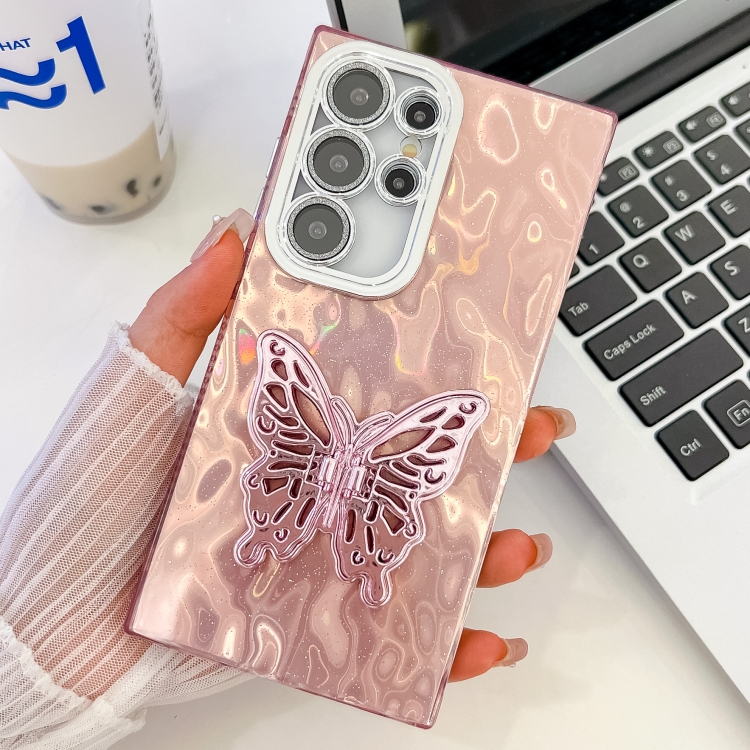 

For Samsung Galaxy S25 Ultra 5G Plating Glitter Texture Butterfly Holder TPU Phone Case with Lens Film(Pink Wrinkles)
