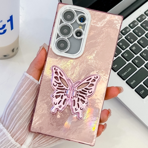 For Samsung Galaxy S25 Ultra 5G Plating Glitter Texture Butterfly Holder TPU Phone Case with Lens Film(Pink Tinfoil Texture)