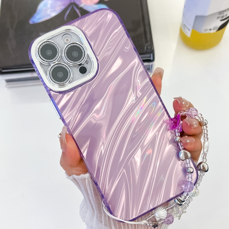 

For iPhone 16 Pro Plating Glitter Texture Chain Wristband TPU Phone Case with Lens Film(Purple Water Ripples)