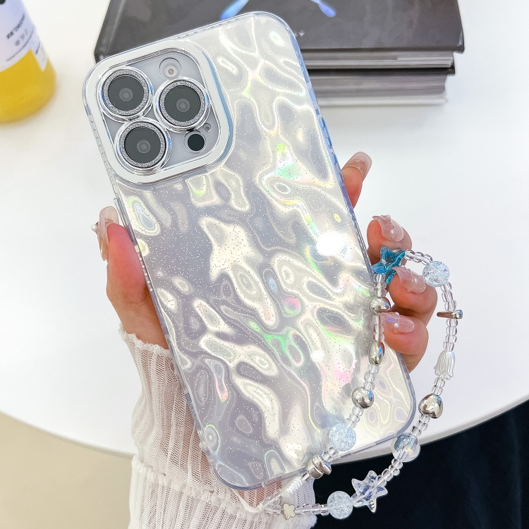 

For iPhone 16 Pro Plating Glitter Texture Chain Wristband TPU Phone Case with Lens Film(White Wrinkles)