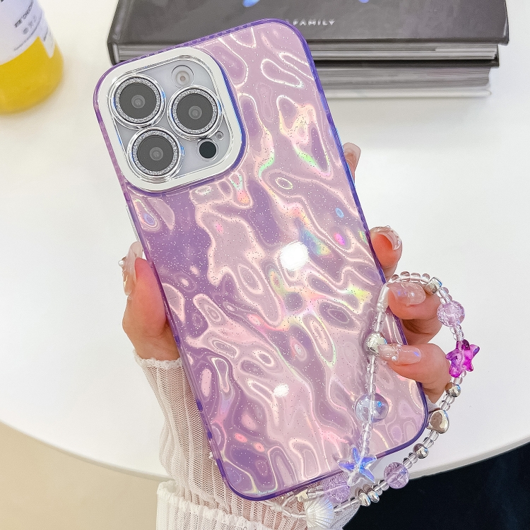 

For iPhone 16 Pro Plating Glitter Texture Chain Wristband TPU Phone Case with Lens Film(Purple Wrinkles)