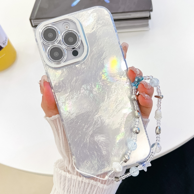 

For iPhone 16 Pro Plating Glitter Texture Chain Wristband TPU Phone Case with Lens Film(White Tinfoil Texture)