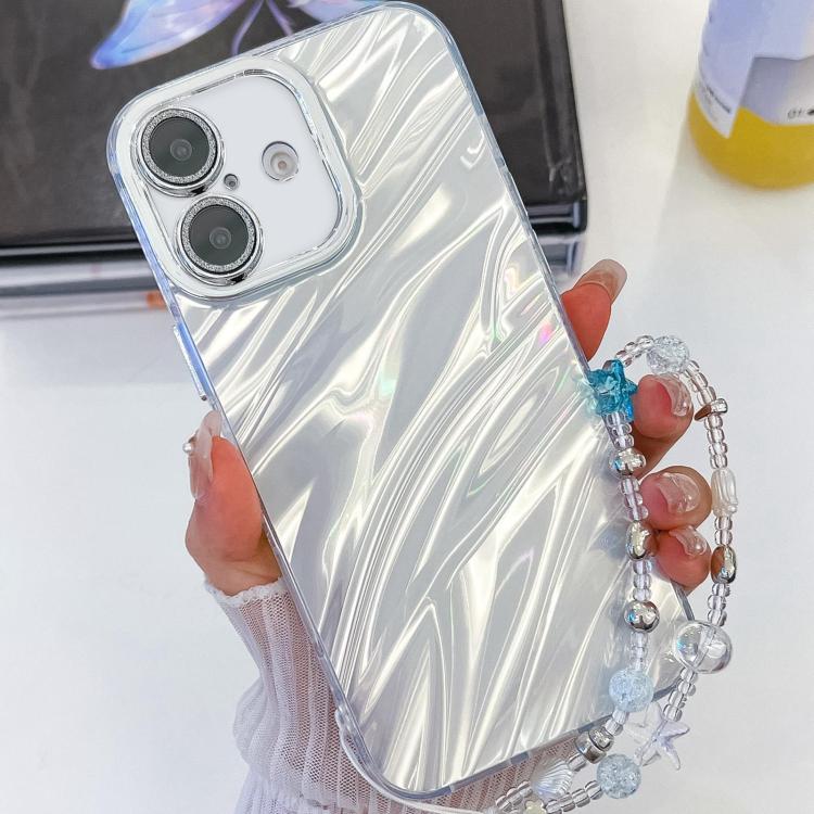

For iPhone 16 Plus Plating Glitter Texture Chain Wristband TPU Phone Case with Lens Film(White Water Ripples)