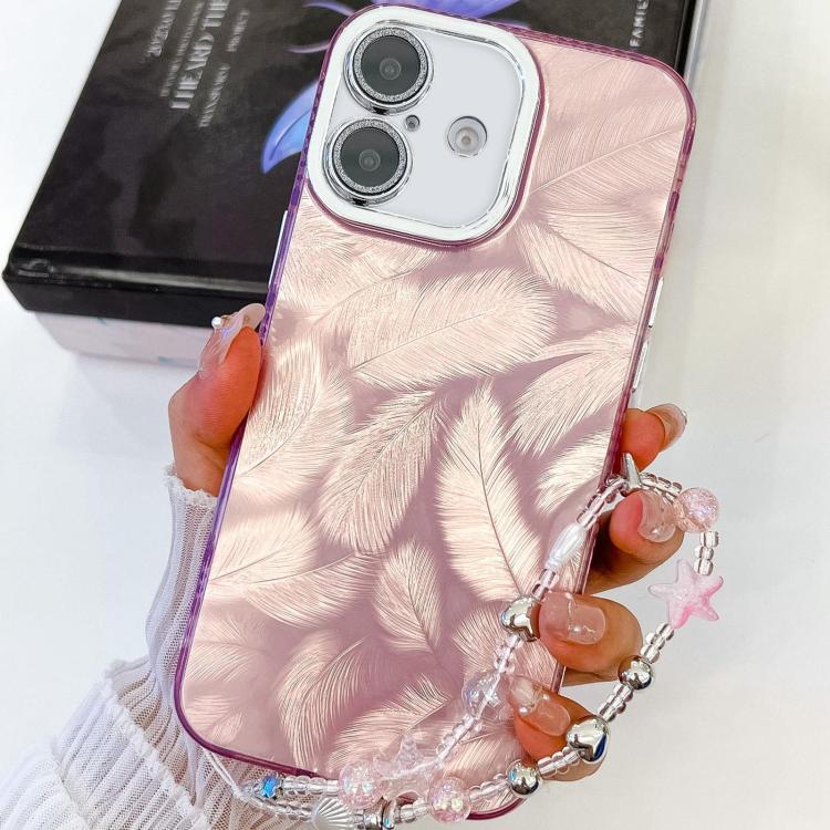 

For iPhone 16 Plus Plating Glitter Texture Chain Wristband TPU Phone Case with Lens Film(Pink Feathers)