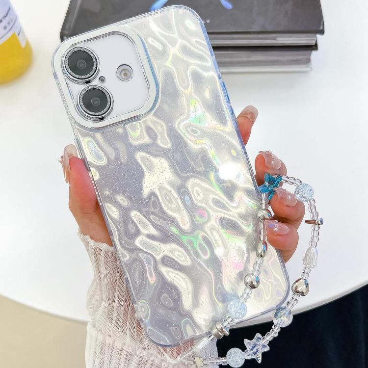 

For iPhone 16 Plus Plating Glitter Texture Chain Wristband TPU Phone Case with Lens Film(White Wrinkles)