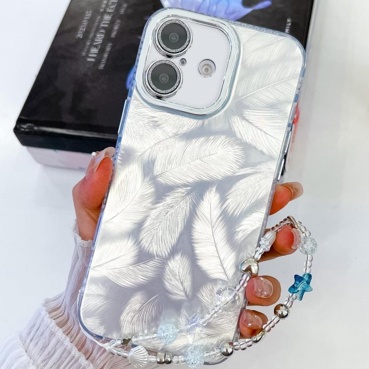 

For iPhone 16 Plating Glitter Texture Chain Wristband TPU Phone Case with Lens Film(White Feathers)