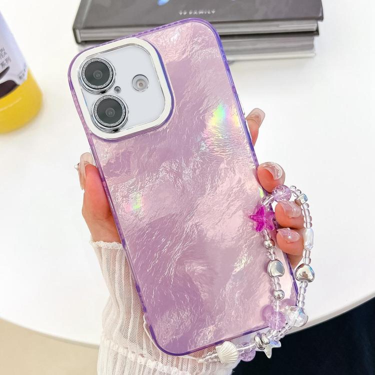 

For iPhone 16 Plating Glitter Texture Chain Wristband TPU Phone Case with Lens Film(Purple Tinfoil Texture)