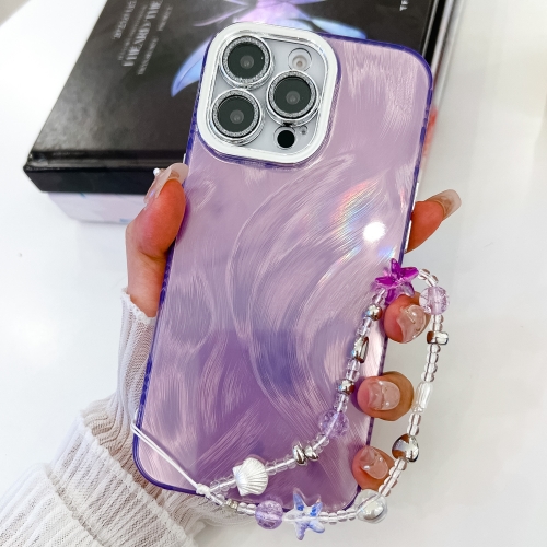 

For iPhone 15 Pro Max Plating Glitter Texture Chain Wristband TPU Phone Case with Lens Film(Purple Feather Yarn)