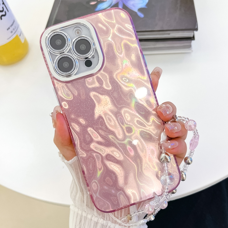 

For iPhone 15 Pro Max Plating Glitter Texture Chain Wristband TPU Phone Case with Lens Film(Pink Wrinkles)