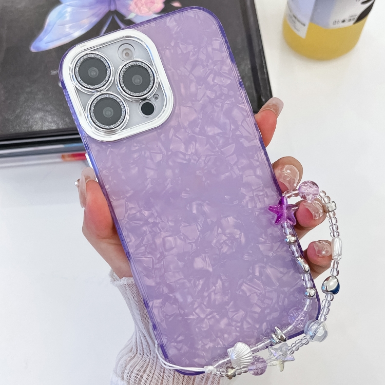 

For iPhone 15 Pro Plating Glitter Texture Chain Wristband TPU Phone Case with Lens Film(Purple Shell Pattern)