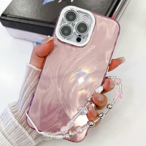 

For iPhone 15 Pro Plating Glitter Texture Chain Wristband TPU Phone Case with Lens Film(Pink Feather Yarn)