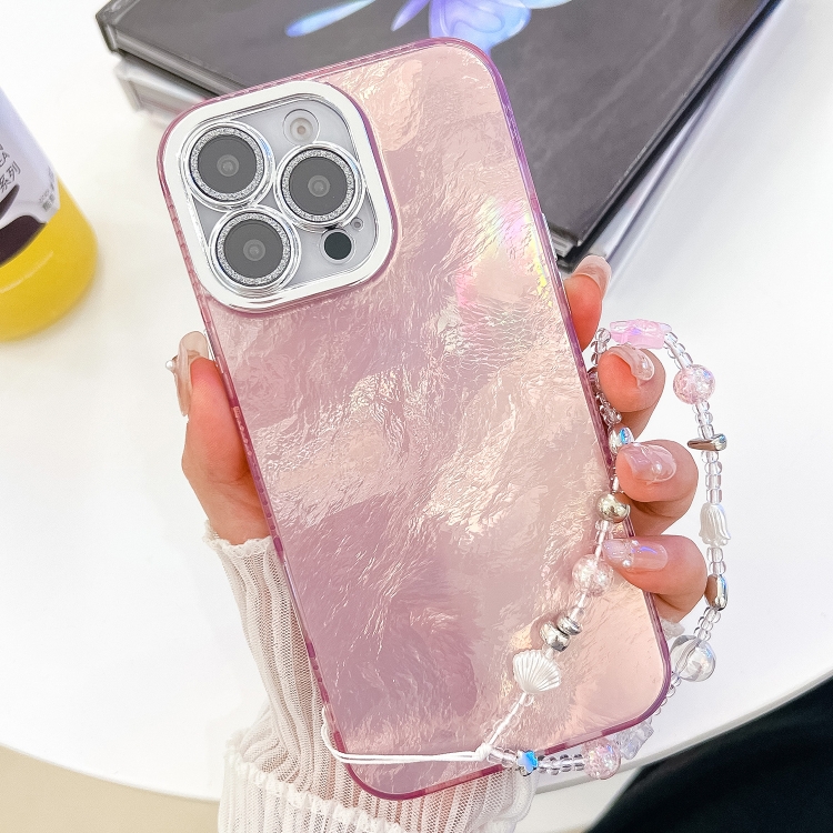 

For iPhone 15 Pro Plating Glitter Texture Chain Wristband TPU Phone Case with Lens Film(Pink Tinfoil Texture)